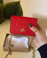 COACH Mini Signature Leather Wallet on Chain - Red