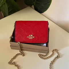 COACH Mini Signature Leather Wallet on Chain - Red