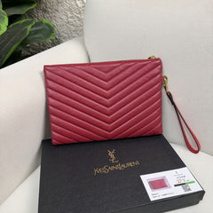 Saint Laurent Red Quilted Leather Monogram Pouch Wristlet - RED