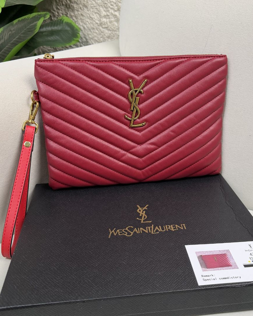 Saint Laurent Red Quilted Leather Monogram Pouch Wristlet - RED
