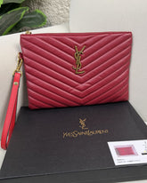 Saint Laurent Red Quilted Leather Monogram Pouch Wristlet - RED