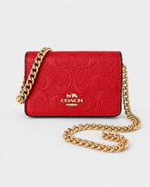 COACH Mini Signature Leather Wallet on Chain - Red