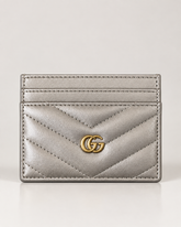 GUCCI Calfskin Matelassé GG Marmont Card Holder Silver Gray