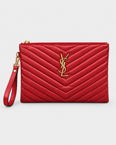 Saint Laurent Red Quilted Leather Monogram Pouch Wristlet - RED