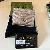 GUCCI Calfskin Matelassé GG Marmont Card Holder Silver Gray