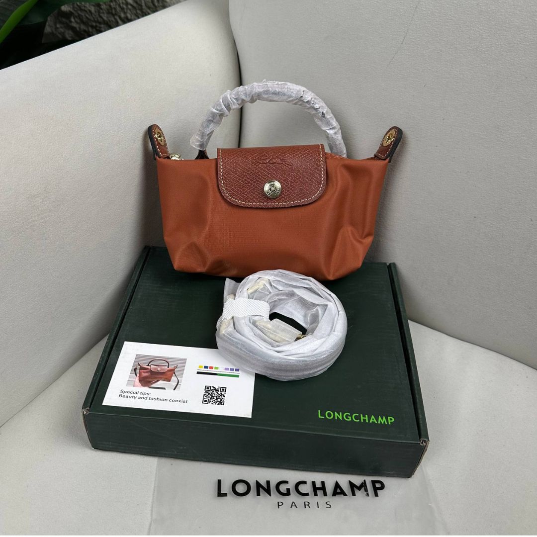Longchamp Le Pliage Mini Green Pouch with Handle in Recycled Canvas - Cognac