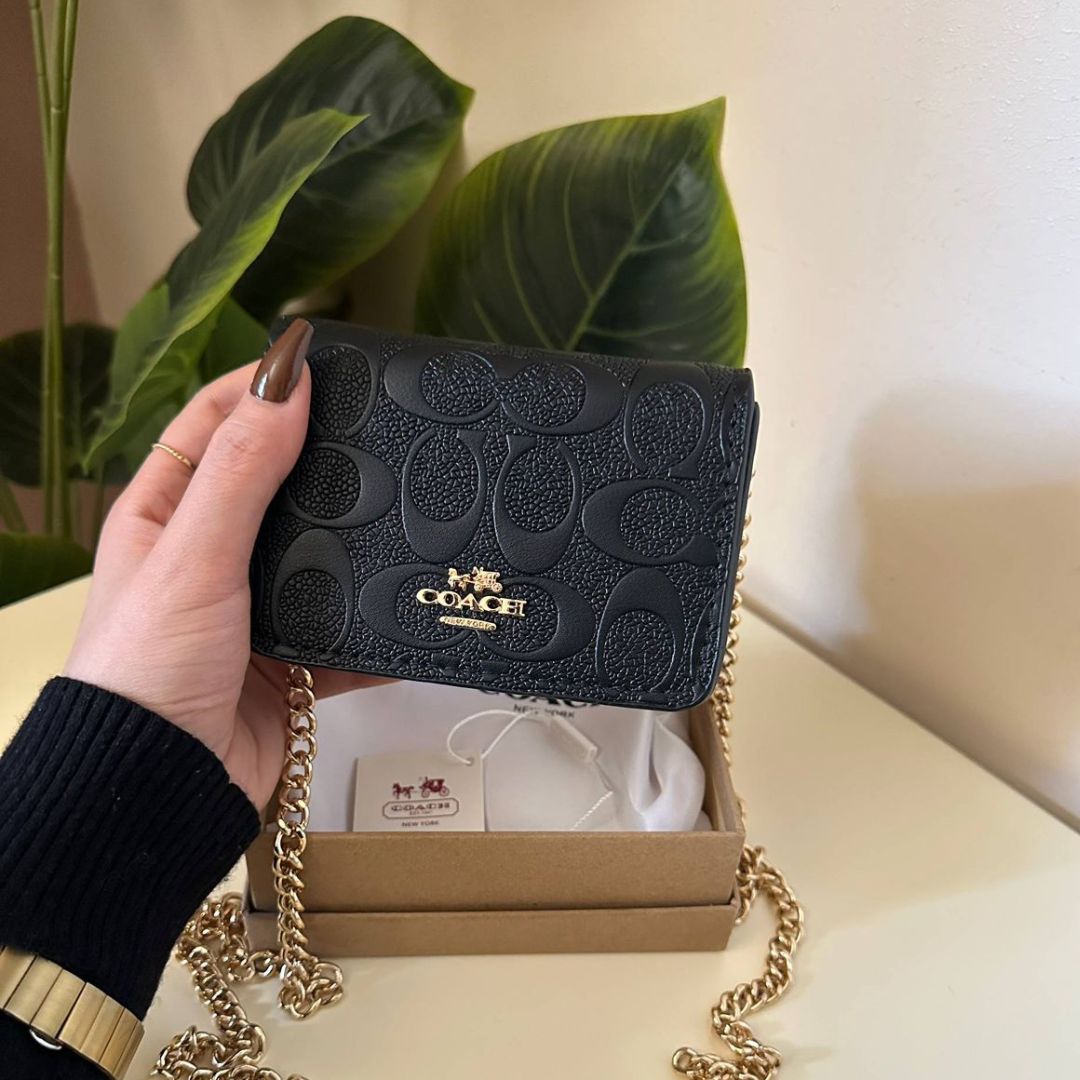 COACH Mini Signature Leather Wallet on Chain - Black