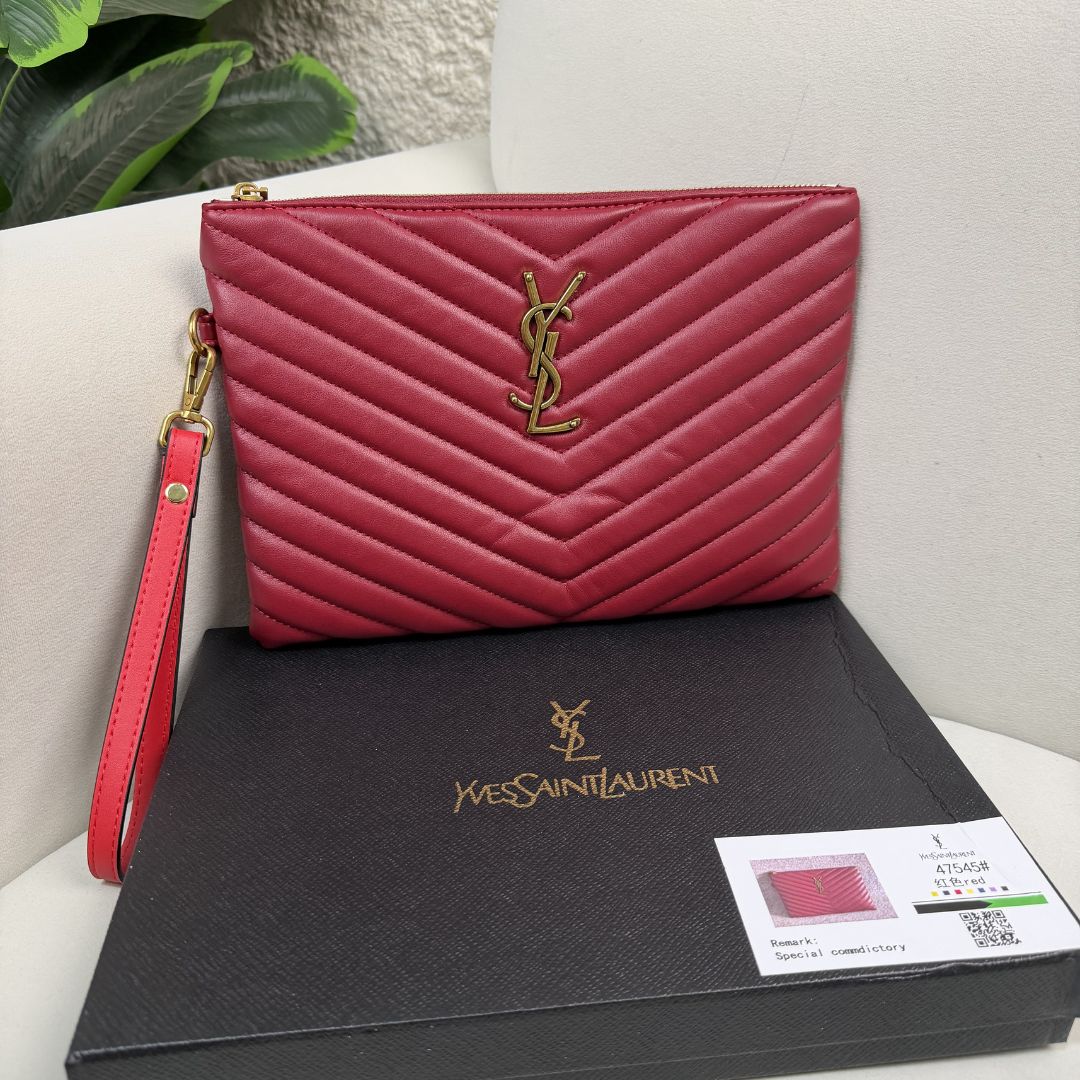 Saint Laurent Red Quilted Leather Monogram Pouch Wristlet - RED