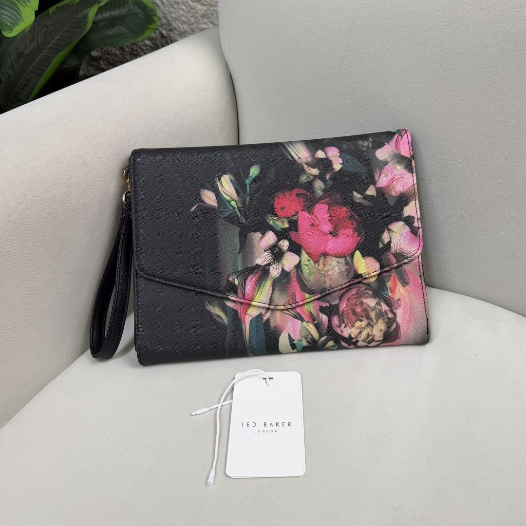 Ted Baker SAFIAH Black Printed Floral Envelope Pouch Bag - Black