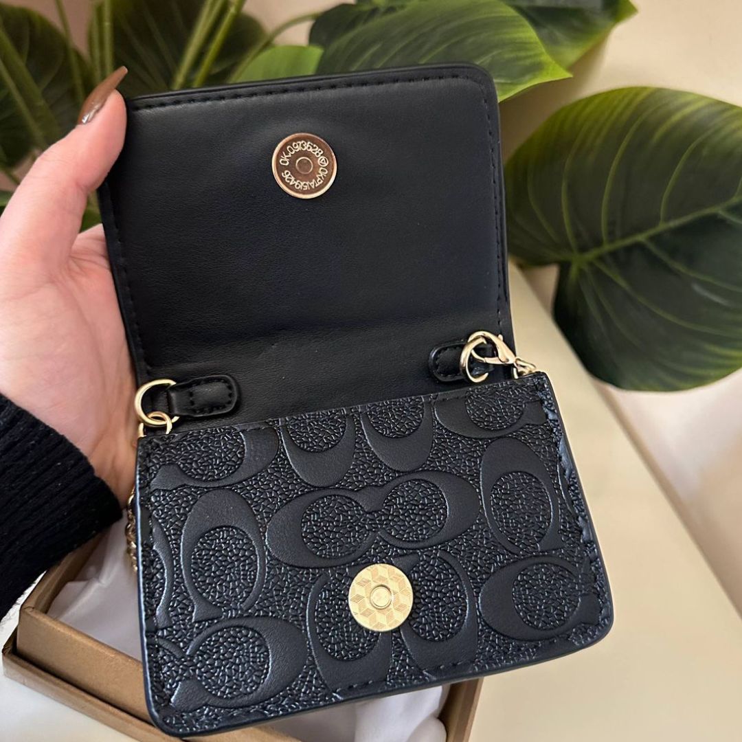COACH Mini Signature Leather Wallet on Chain - Black