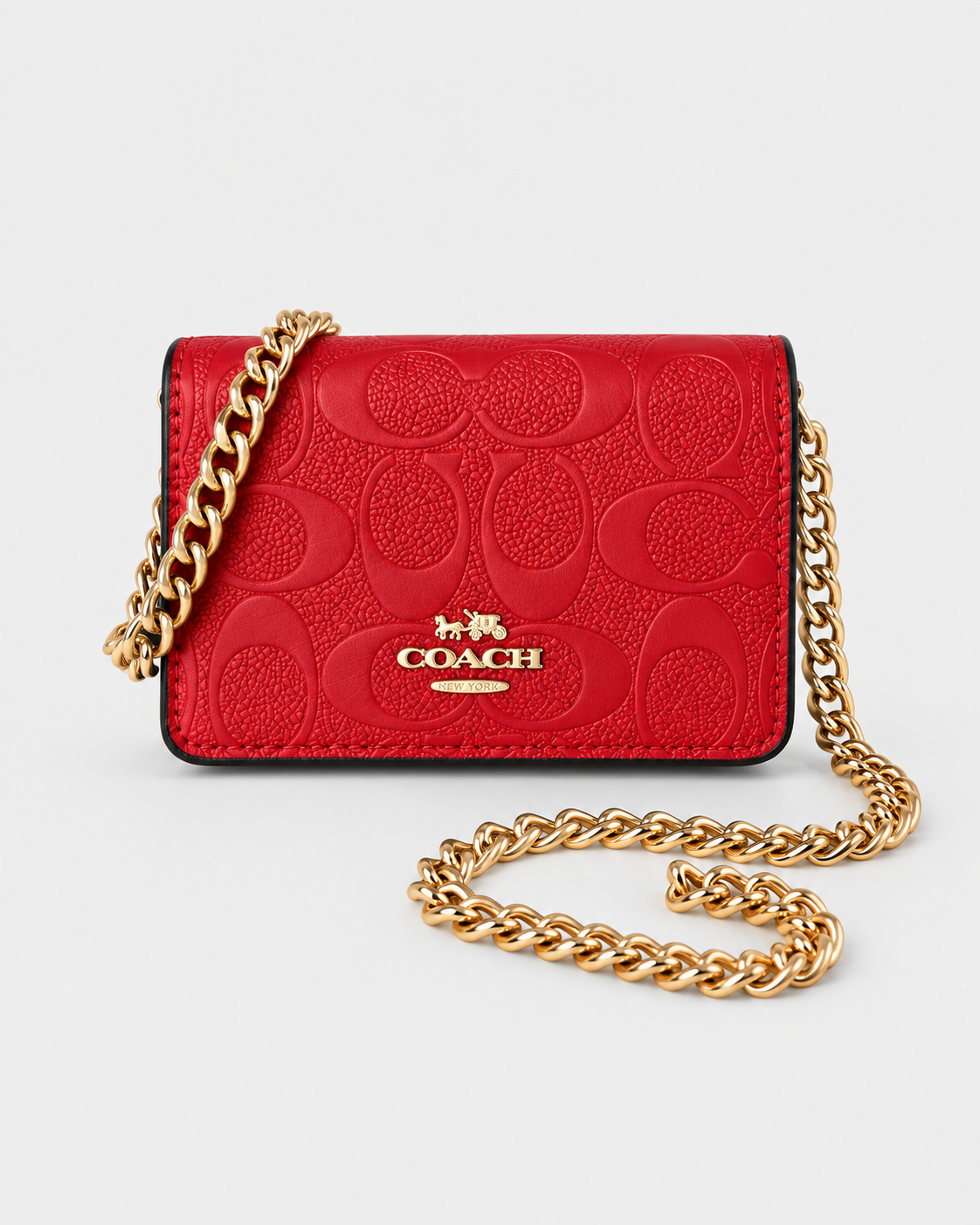 COACH Mini Signature Leather Wallet on Chain - Red