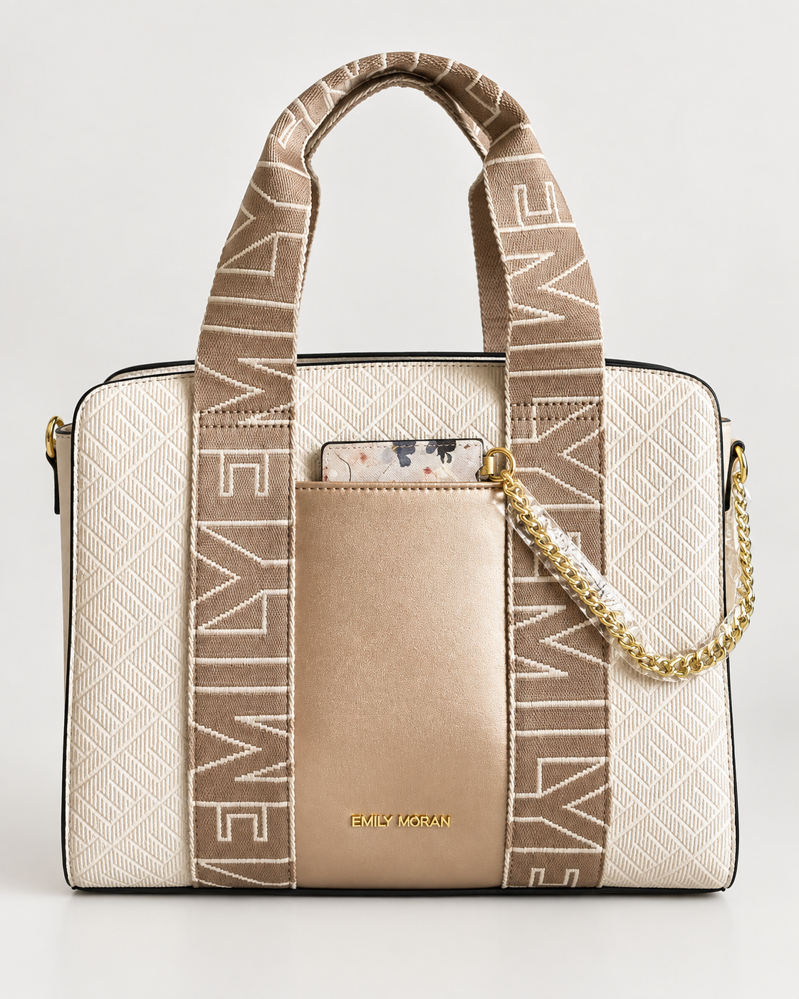 Emily Loran Pastel City Tote Bag with Front Pocket Pouch - Gold