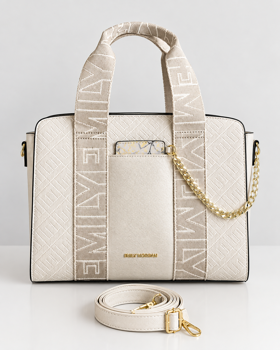Emily Loran Pastel City Tote Bag with Front Pocket Pouch - Beige