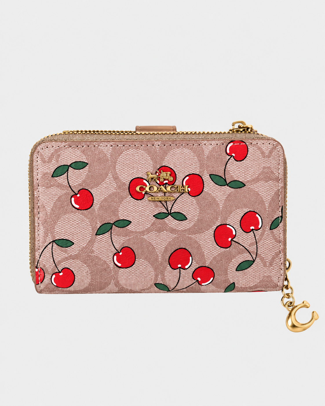 Coach Signature Cherry Print Wallet - Khaki brown