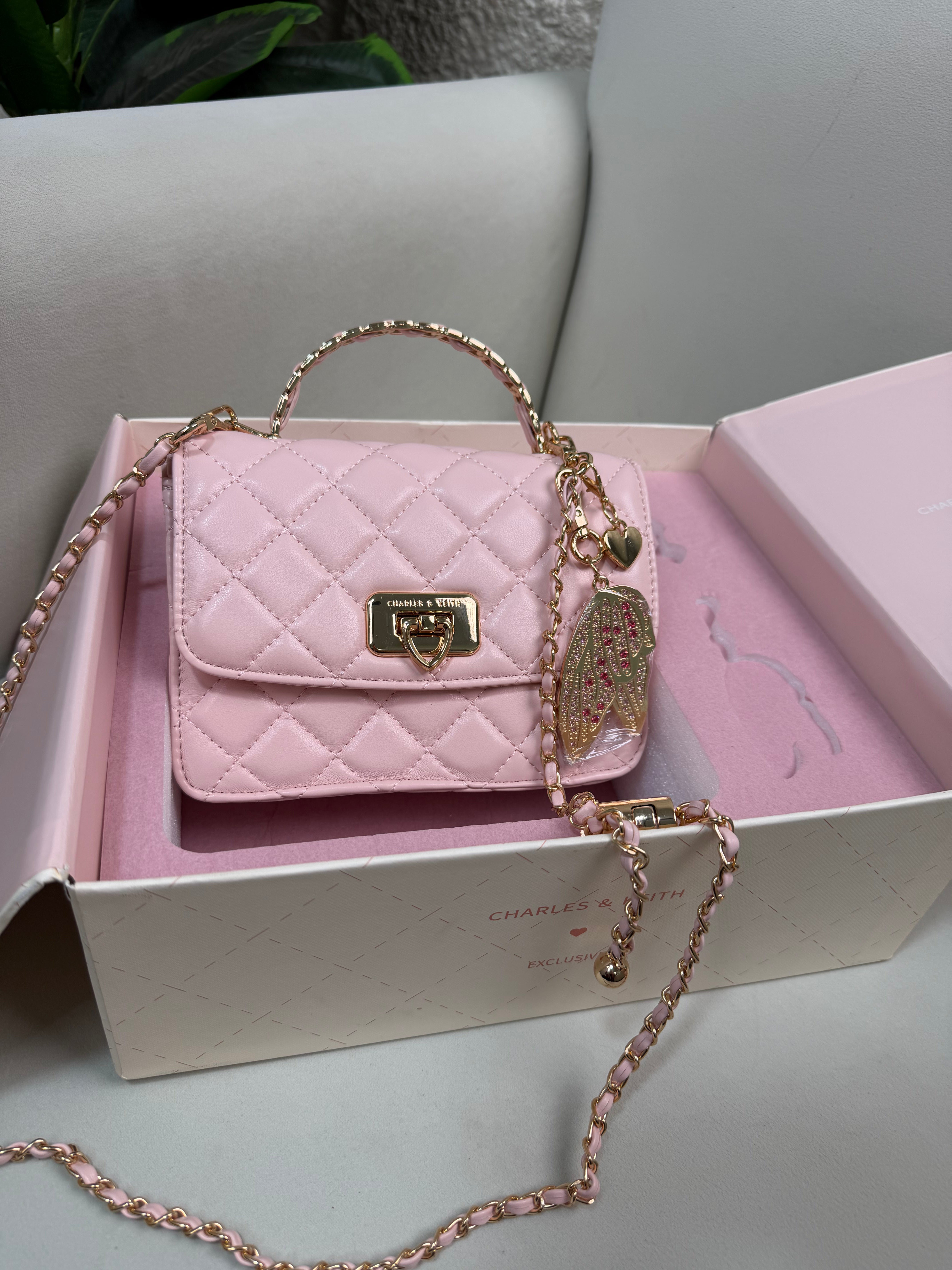 Charles & Keith Cressida Quilted Top Handle Bag - Pink