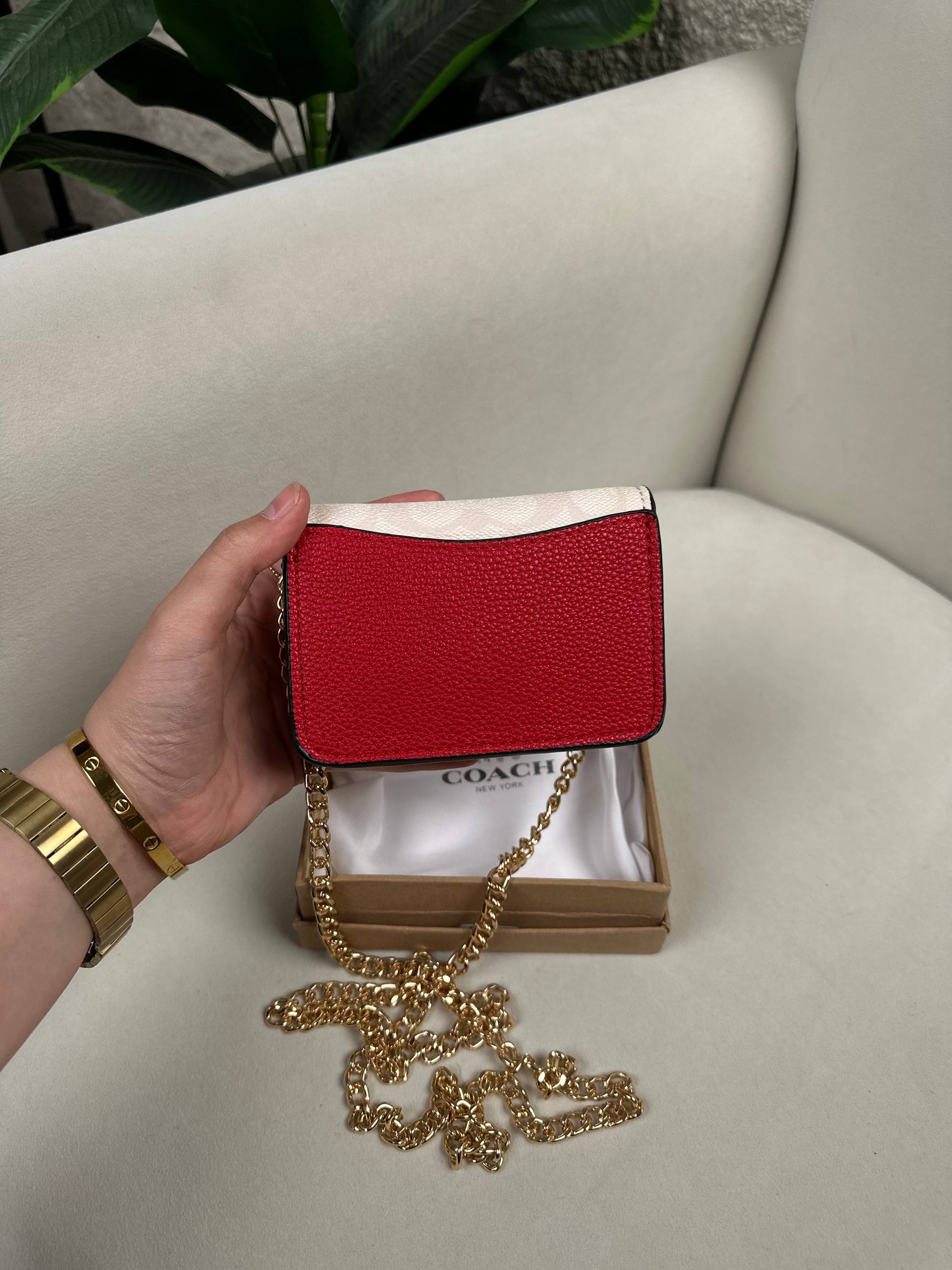 Coach Small Card- Cash Cross Body. Red & Horse & Carriage On - Tan Signature Leath