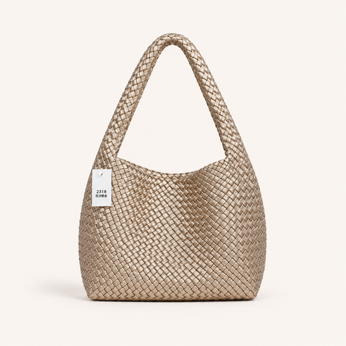 Bottega Veneta Intrecciato Woven Leather Hobo Bag Medium Beige with Charm - Gold