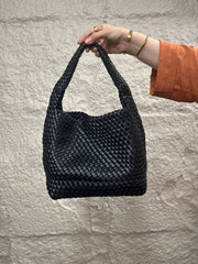 Bottega Veneta Intrecciato Woven Leather Hobo Bag Medium Black with Charm - Black