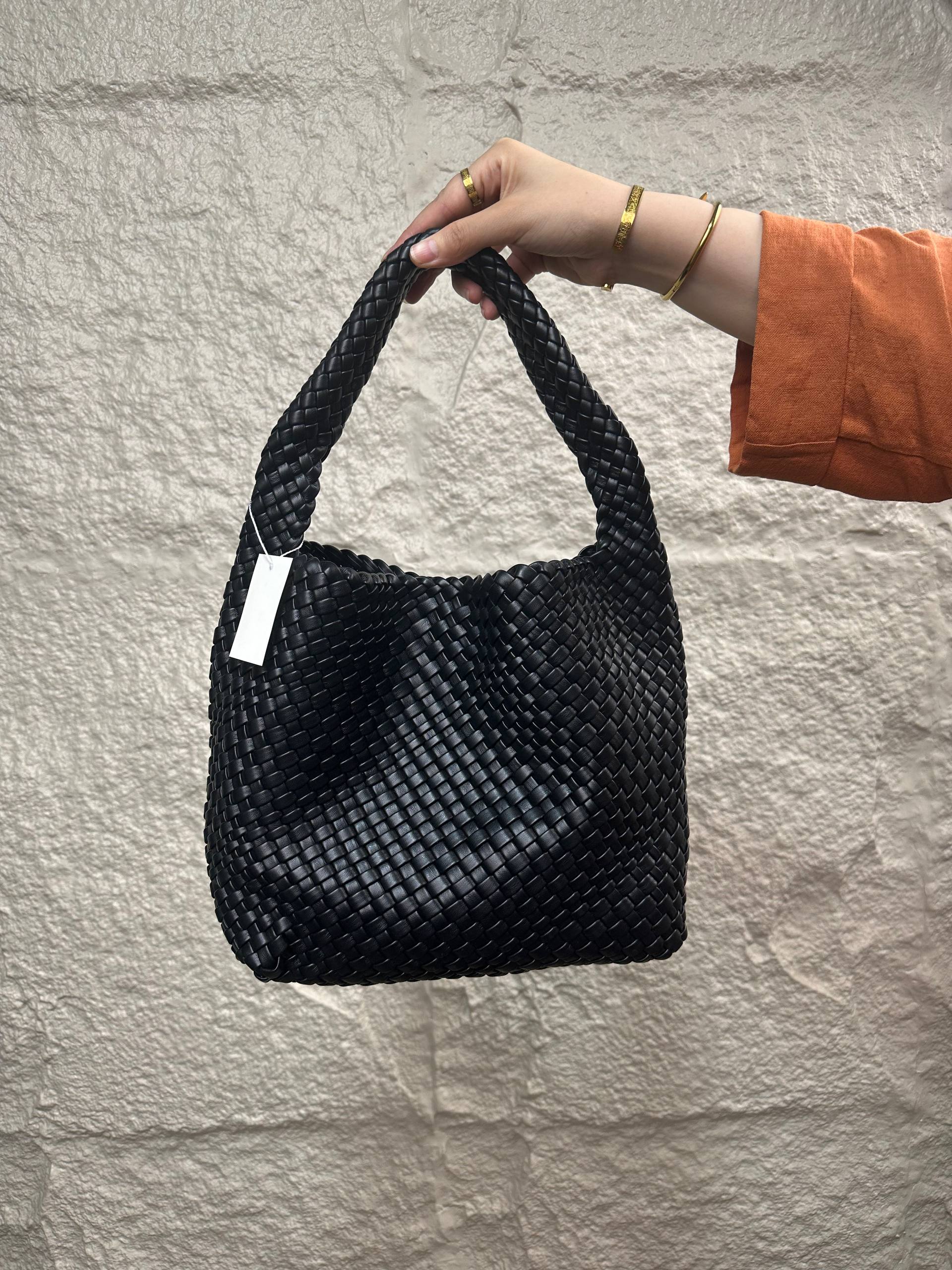 Bottega Veneta Intrecciato Woven Leather Hobo Bag Medium Black with Charm - Black