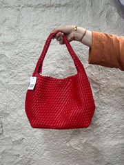 Bottega Veneta Intrecciato Woven Leather Hobo Bag Medium Red with Charm - Red