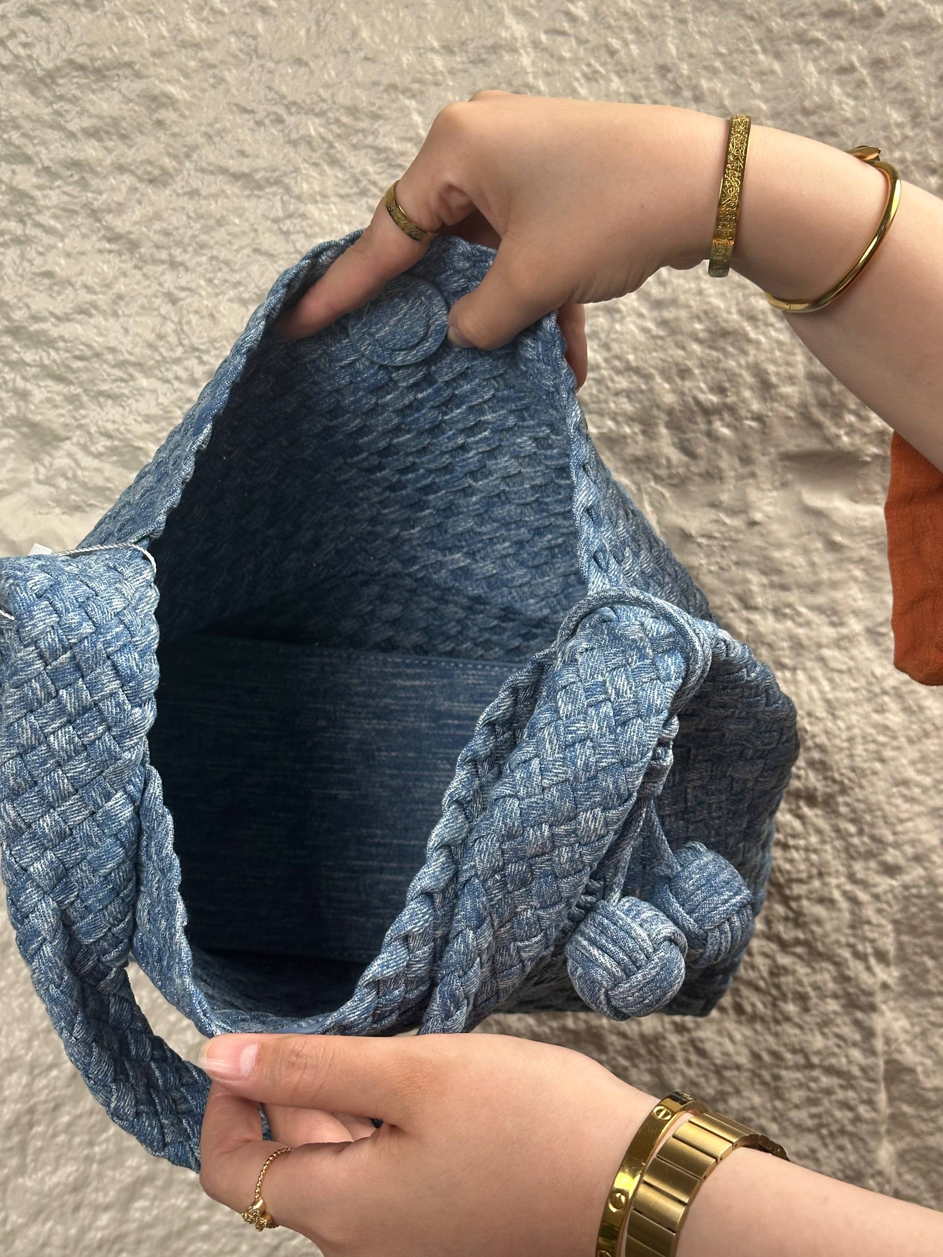 Bottega Veneta Intrecciato Woven Denim Hobo Bag Medium - Blue with Charm