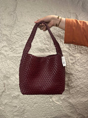 Bottega Veneta Intrecciato Woven Leather Hobo Bag Medium Wine with Charm -wine