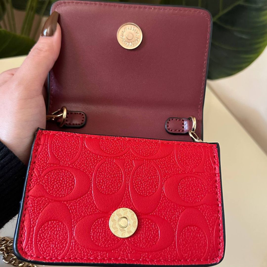 COACH Mini Signature Leather Wallet on Chain - Red