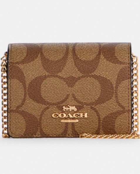 COACH Signature Mini Wallet with Chain Strap Boxed Khaki Brown