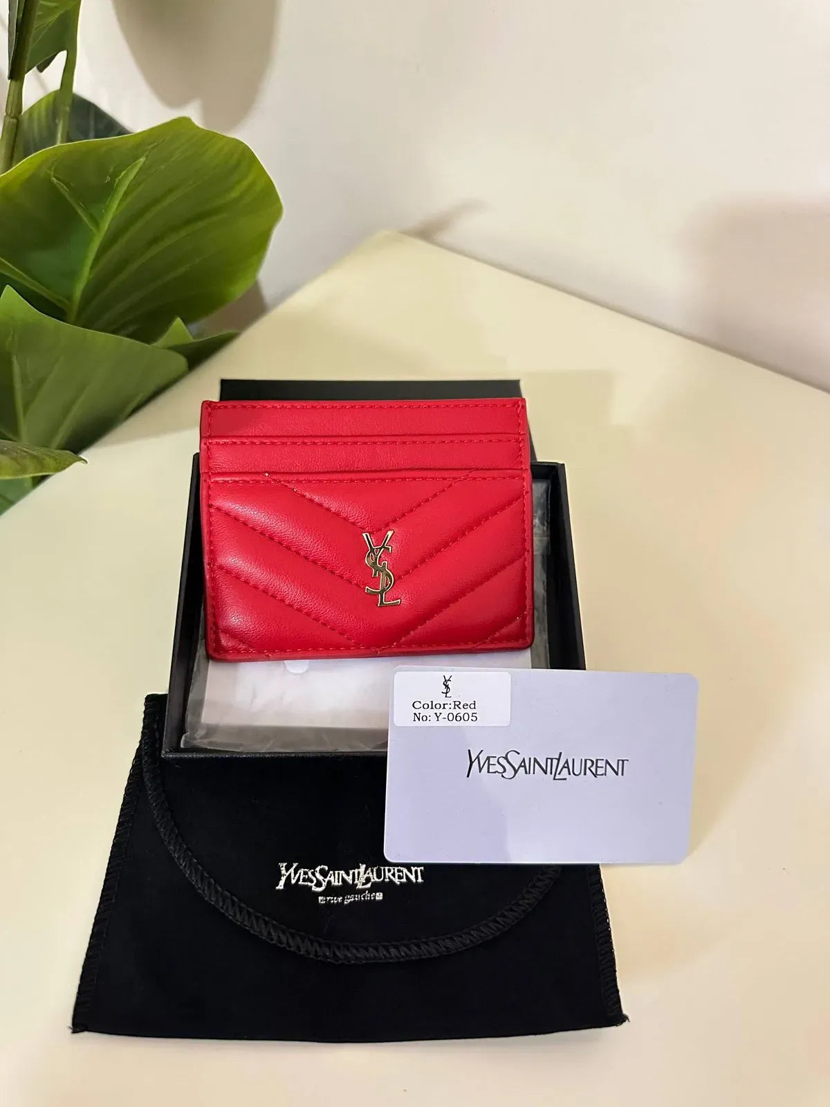 Saint Laurent Monogram Quilted Leather Card Holder -Red