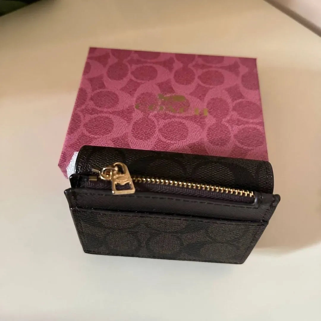 Coach Small Trifold Wallet in Signature Brown Black