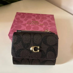 Coach Small Trifold Wallet in Signature Brown Black
