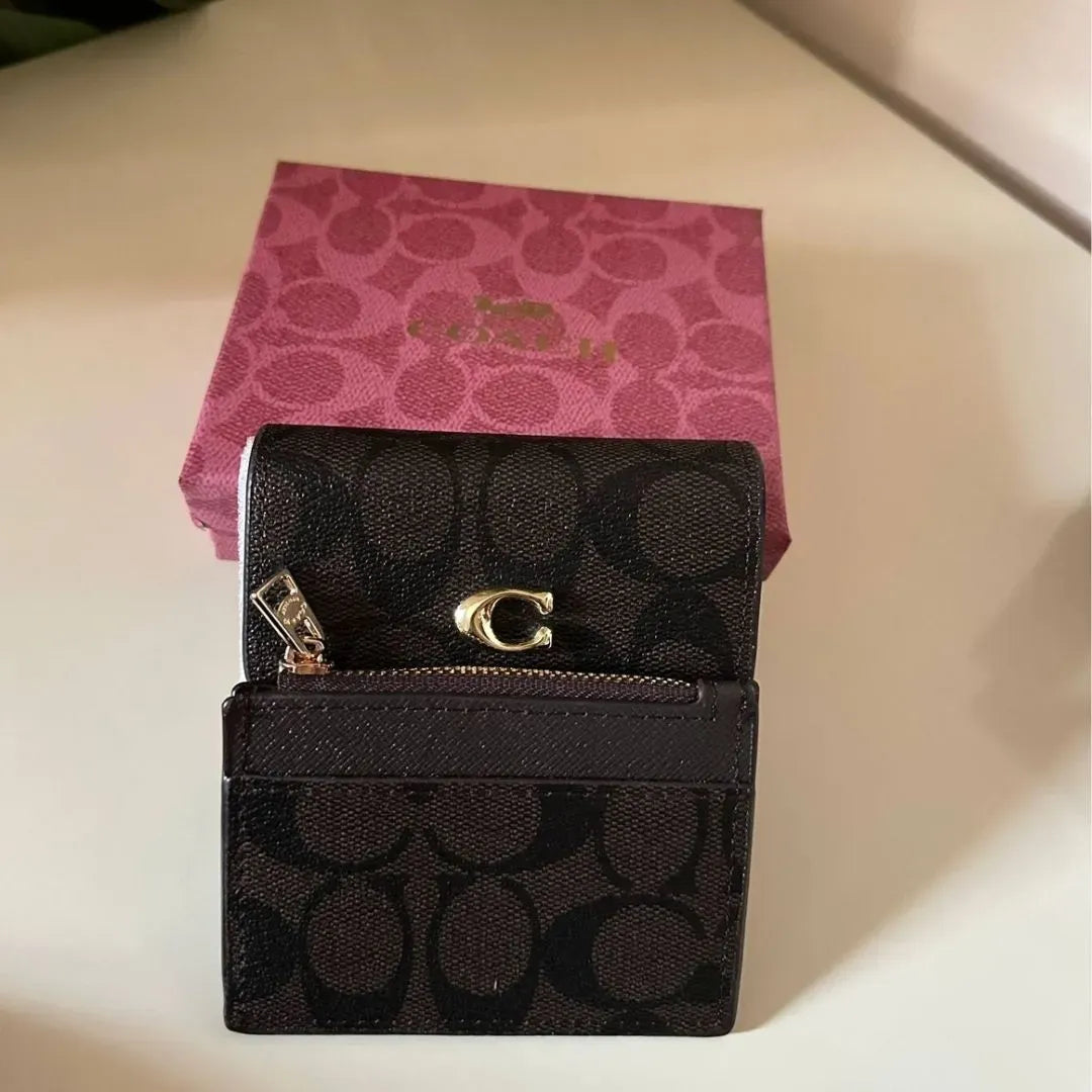 Coach Small Trifold Wallet in Signature Brown Black