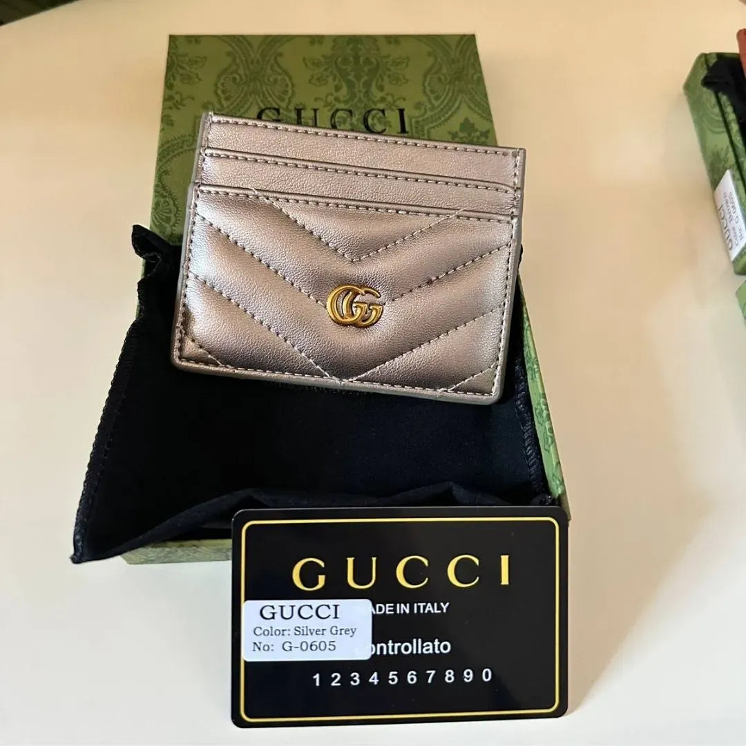 GUCCI Calfskin Matelassé GG Marmont Card Holder Silver Gray