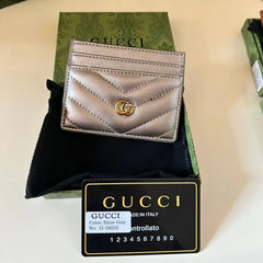 GUCCI Calfskin Matelassé GG Marmont Card Holder Silver Gray
