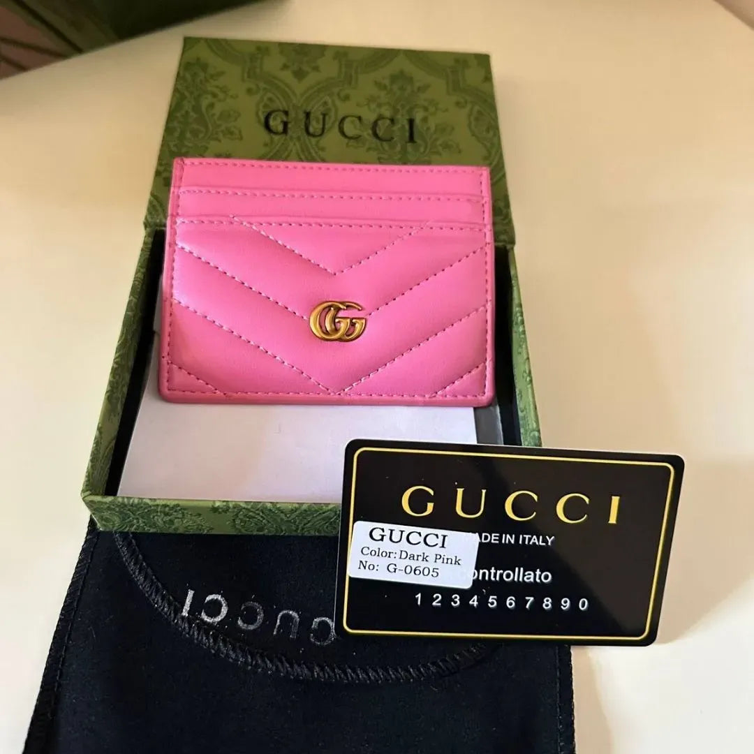 GUCCI Calfskin Matelassé GG Marmont Card Holder Dark Pink