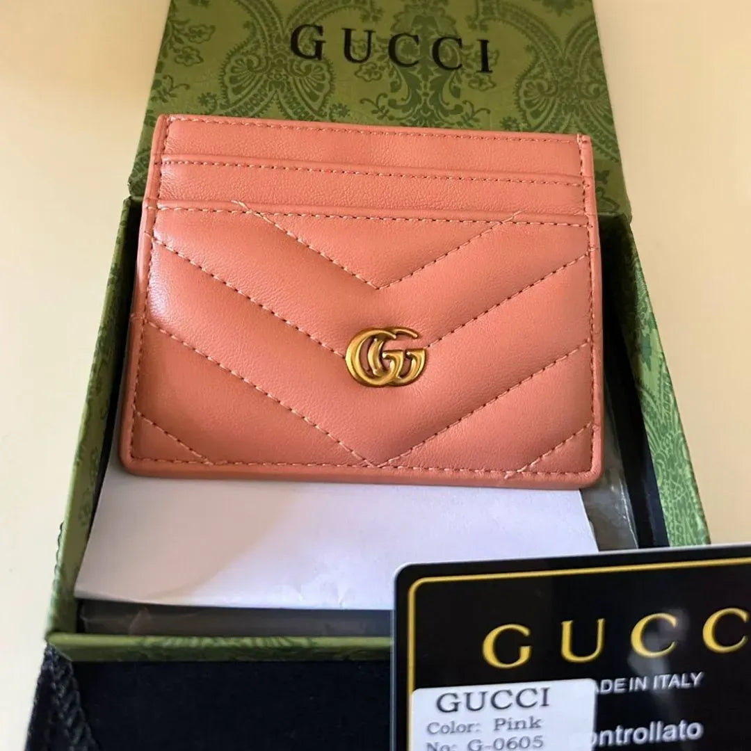 GUCCI Calfskin Matelassé GG Marmont Card Holder Pink