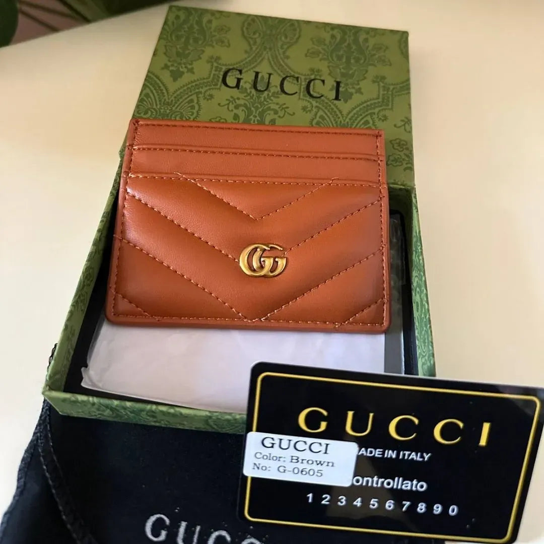 GUCCI Calfskin Matelassé GG Marmont Card Holder Brown