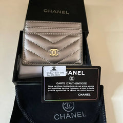Chanel Lambskin Camellia Embossed Card Holder Silver Gray