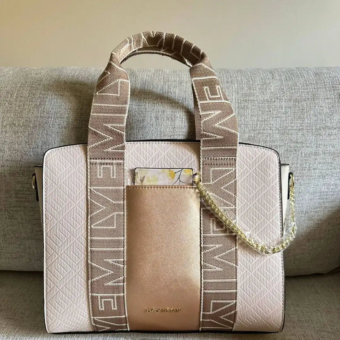 Emily Loran Pastel City Tote Bag with Front Pocket Pouch -Rose Gold
