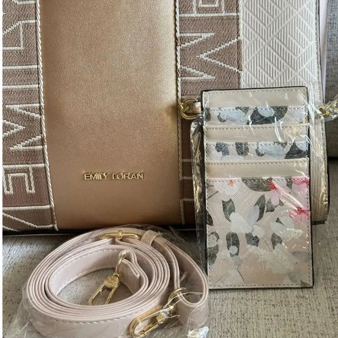 Emily Loran Pastel City Tote Bag with Front Pocket Pouch - Gold