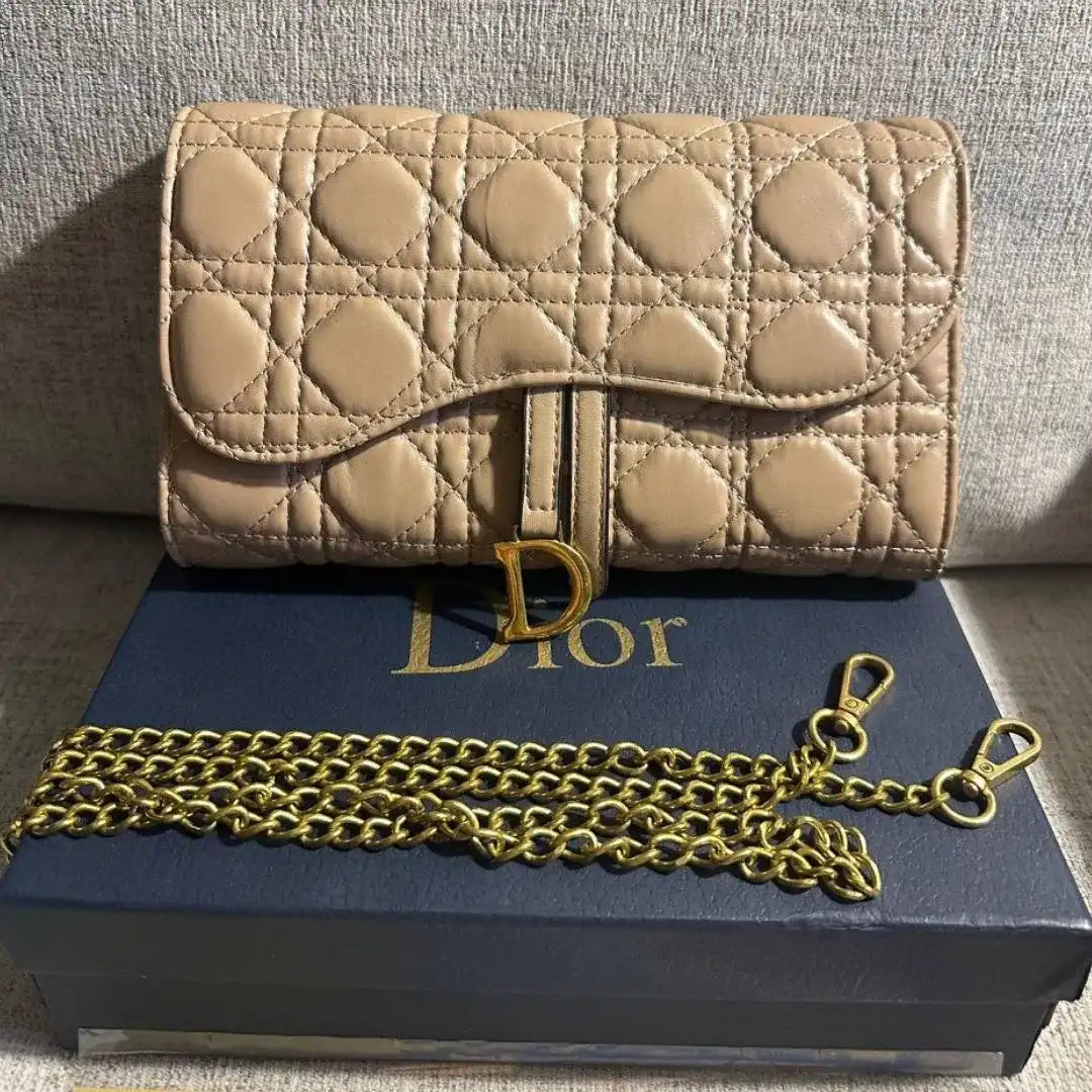 Christian Dior Beige Lady Dior Chain Pouch